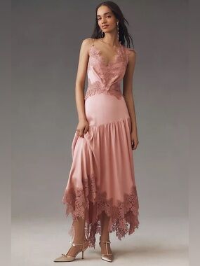 BHLDN pink Evelyn Satin Lace midi Dress